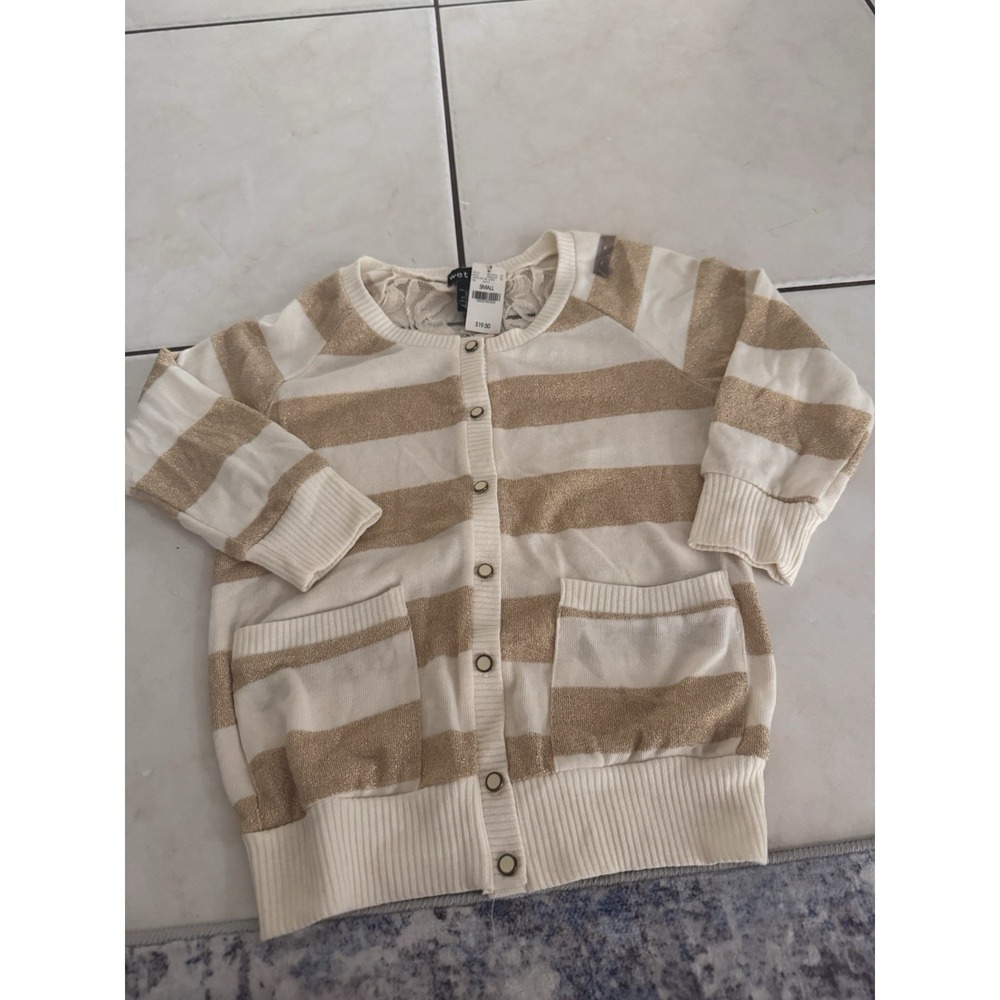 Wet Seal Women's Small Cardigan NWT Cream gold Metallic Stripe Lace Back Sweater